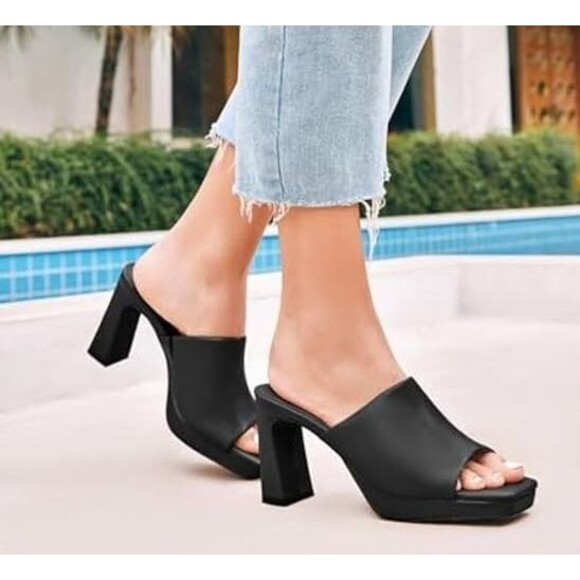 Trish Lucia Women's Platform Chunky Heels Mules Square Open Toe black Size9M - Picture 1 of 12